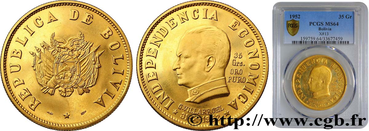 BOLIVIE - RÉPUBLIQUE BOLIVIENNE  Médaille Nationalisation des Compagnies Minières 1952  SPL64 PCGS