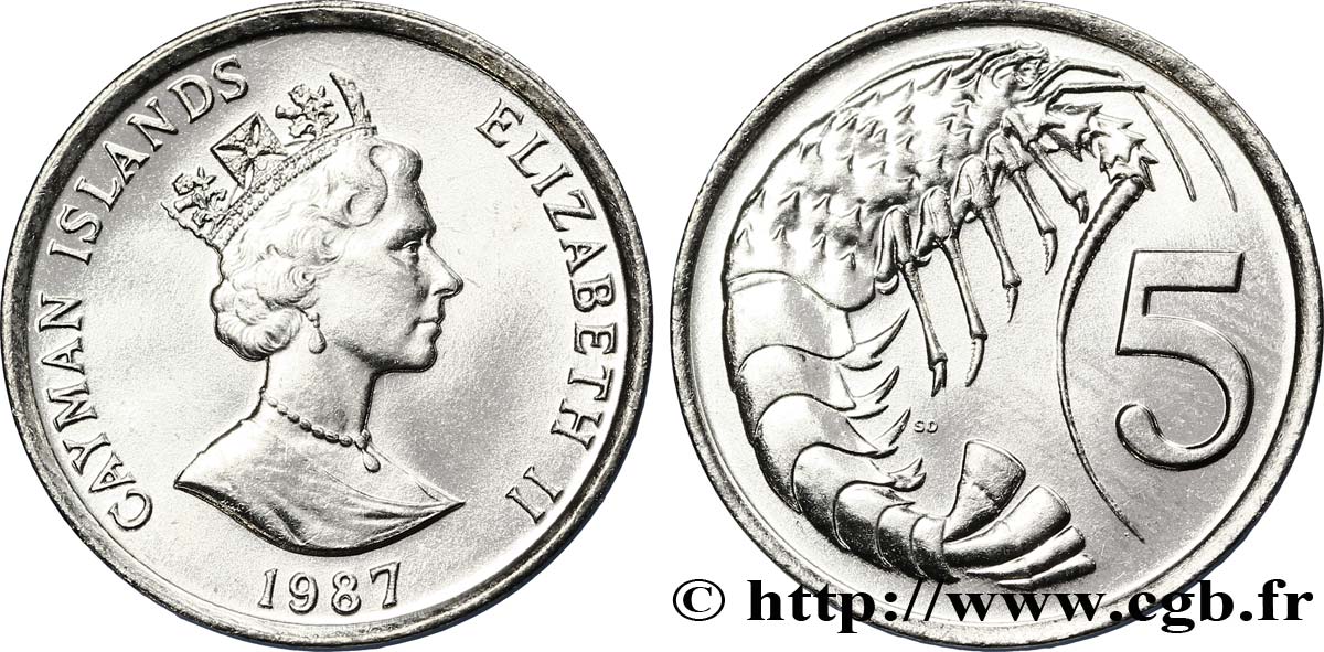 ISOLE CAYMAN 5 Cents Elisabeth II / crevette 1987  MS 