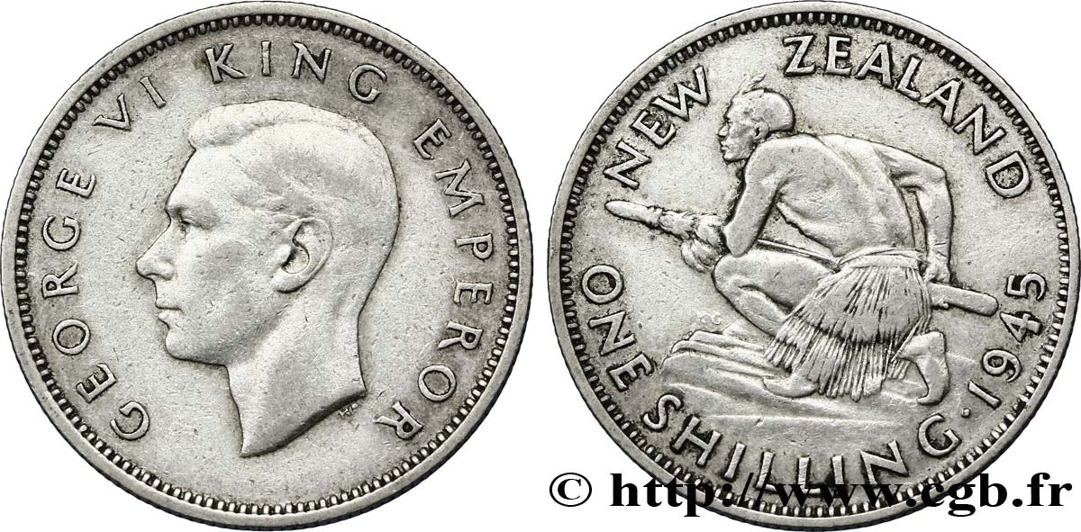 NEW ZEALAND 1 Shilling Georges VI / guerrier maori 1945  XF 