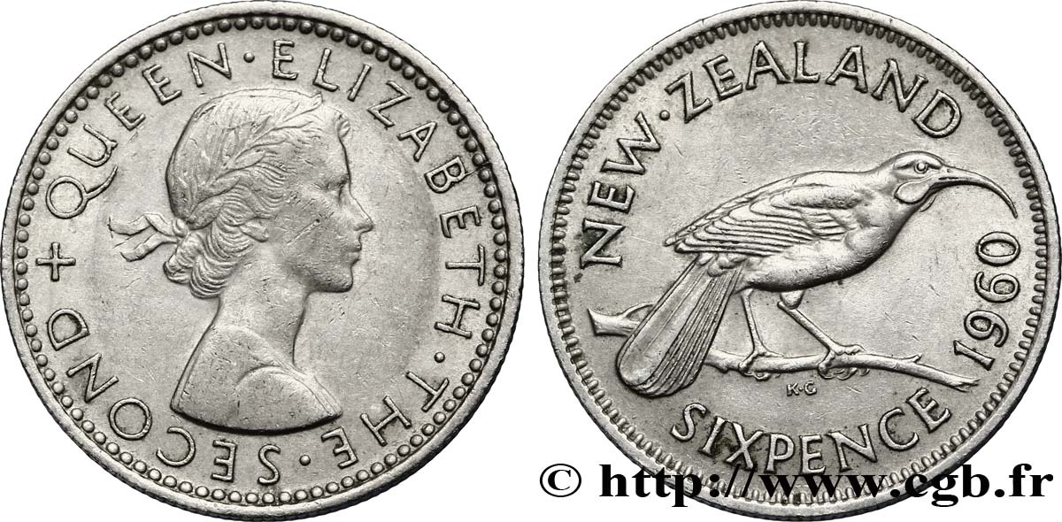 NEUSEELAND
 6 Pence Elisabeth II / oiseau Huia 1960  VZ 