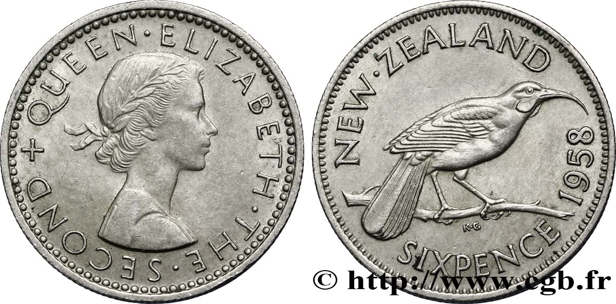 NEUSEELAND
 6 Pence Elisabeth II / oiseau Huia 1958  VZ 