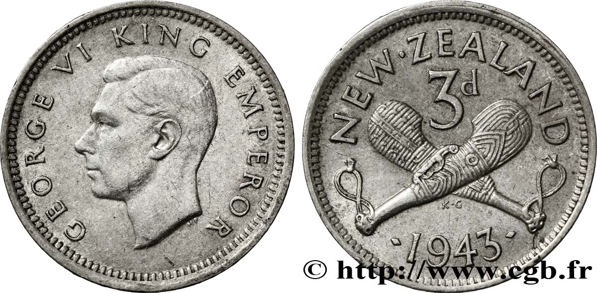 NEUSEELAND
 3 Pence Georges VI / patus maoris croisés 1942  VZ 