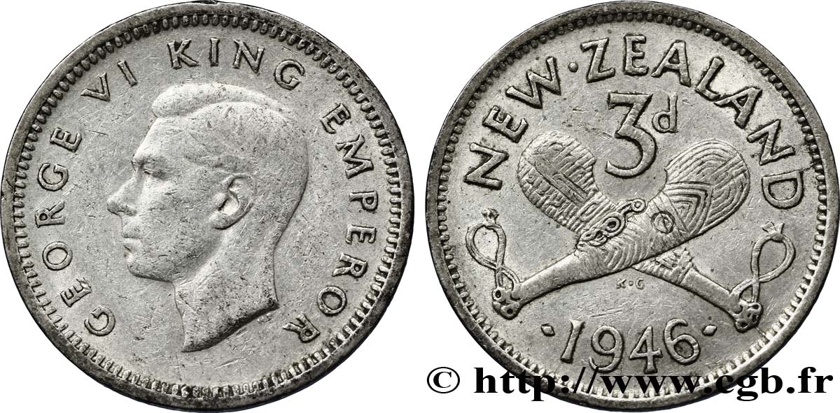 NEUSEELAND
 3 Pence Georges VI / patus maoris croisés 1946  VZ 