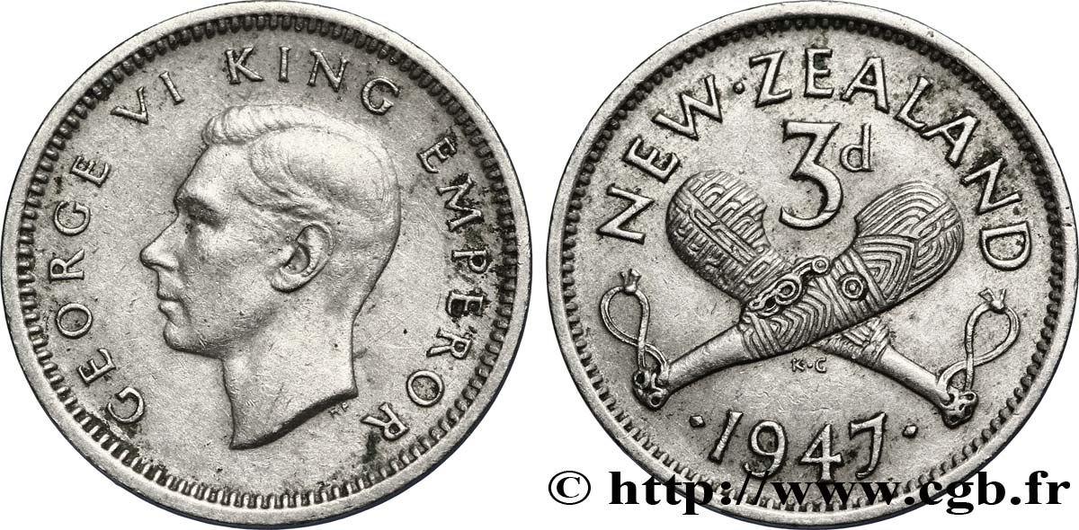NUEVA ZELANDA
 3 Pence Georges VI / patus maoris croisés 1947  EBC 