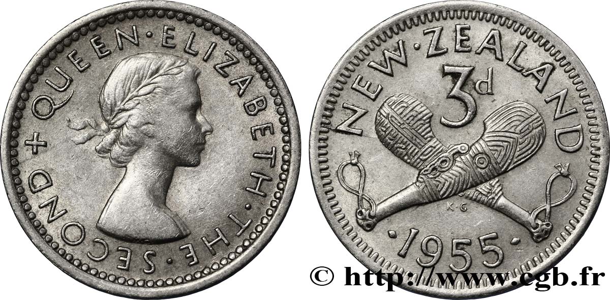 NEUSEELAND
 3 Pence Elisabeth II / patus maoris croisés 1955  VZ 
