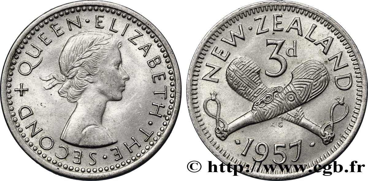NEUSEELAND
 3 Pence Elisabeth II / patus maoris croisés 1957  VZ 