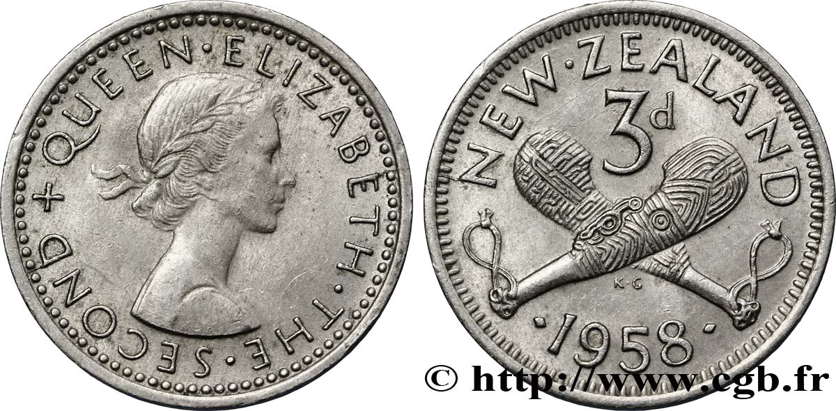 NEUSEELAND
 3 Pence Elisabeth II / patus maoris croisés 1958  VZ 
