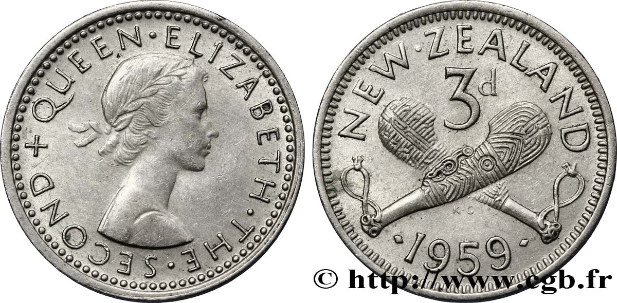 NEUSEELAND
 3 Pence Elisabeth II / patus maoris croisés 1959  VZ 