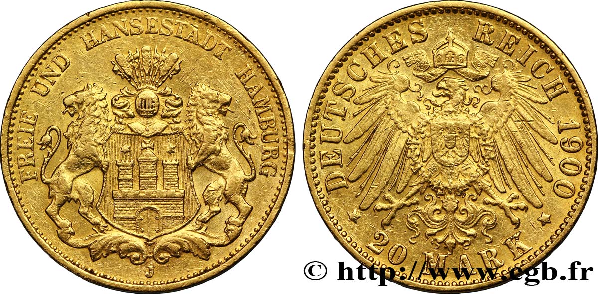 ALEMANIA - CIUDAD LIBRE DE HAMBURGO 20 Mark or Ville libre de Hambourg / aigle impérial 1900 Hambourg - J EBC 
