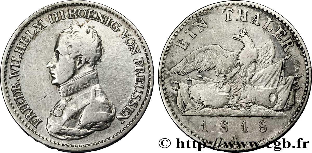 ALEMANIA - PRUSIA 1 Thaler Frédéric-Guillaume III roi de Prusse / aigle 1818 Berlin BC 