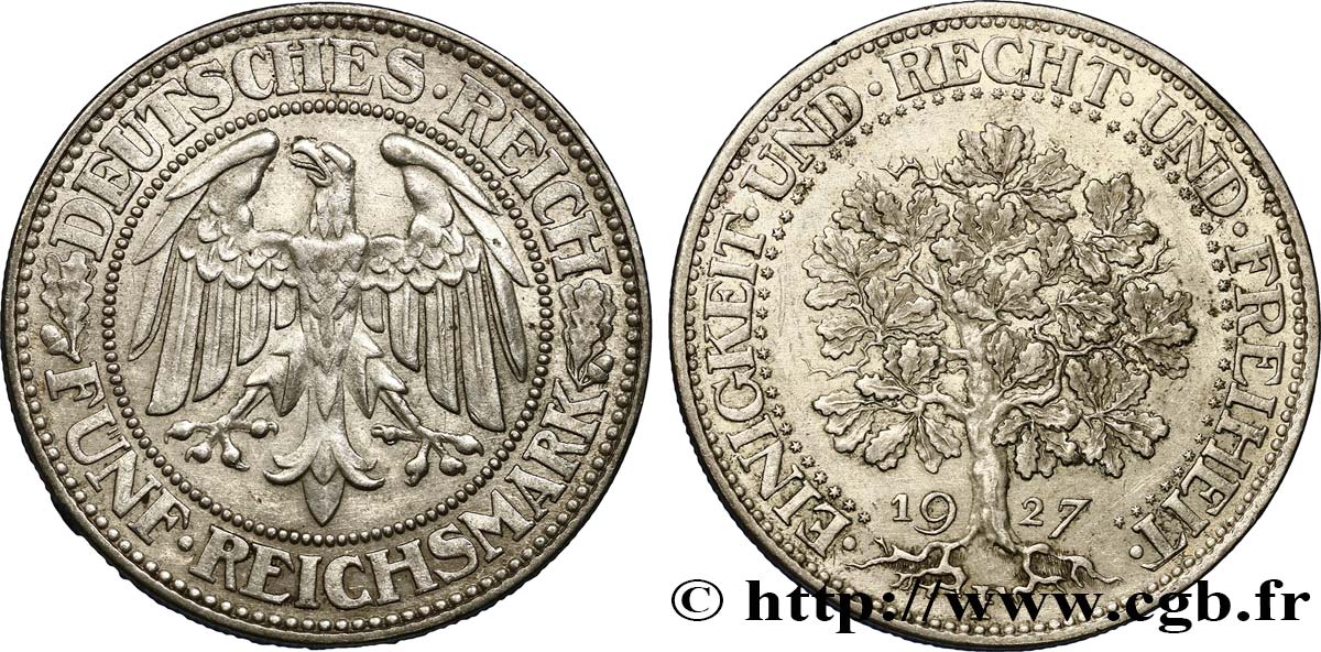 DEUTSCHLAND 5 Reichsmark aigle 1927 Stuttgart VZ 