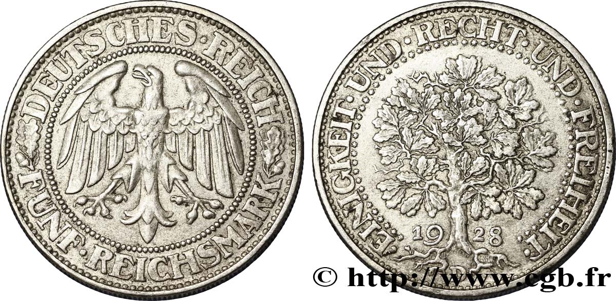 DEUTSCHLAND 5 Reichsmark aigle / chêne 1928 Munich - D VZ 