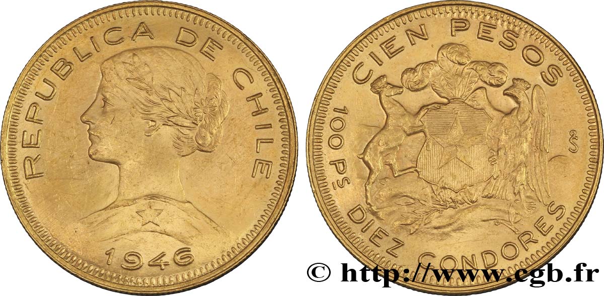 CHILE 100 Pesos or ou 10 Condores en or, 2e type 1946 Santiago - S° MS62 