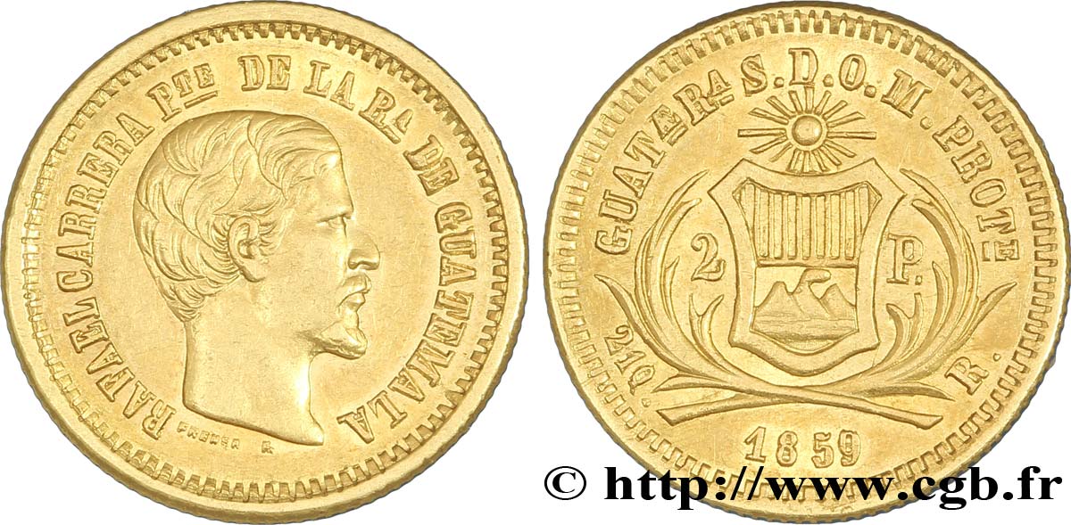 GUATEMALA 2 Pesos Rafael Carrera 1859 Guatemala city VZ 