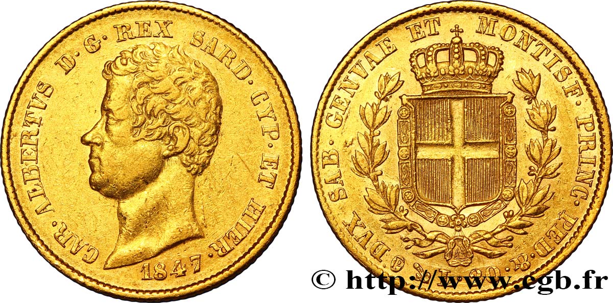 ITALIEN - KÖNIGREICH SARDINIEN 20 Lire Charles-Albert roi de Sardaigne 1847 Gênes fVZ 
