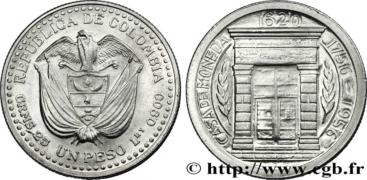 KOLUMBIEN 1 Peso 200e anniversaire atelier monétaire de Popayan 1956 Mexico VZ 