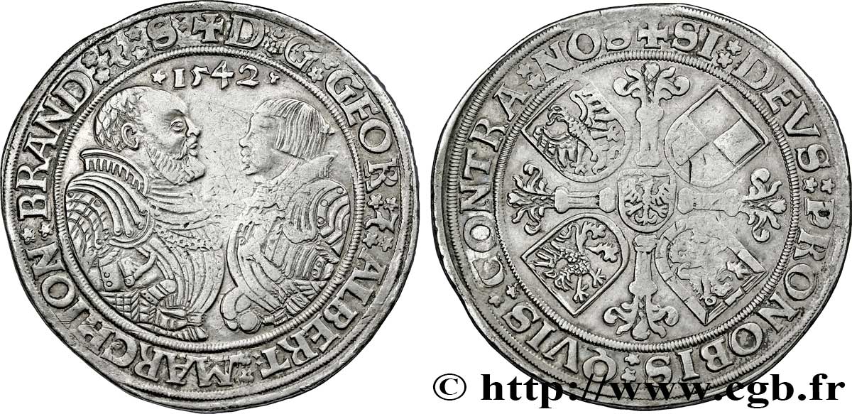 ALEMANIA - BRANDEBURGO 1 Thaler Brandebourg-Franconie Georges et Albert II 1542 Schwabach MBC/BC 
