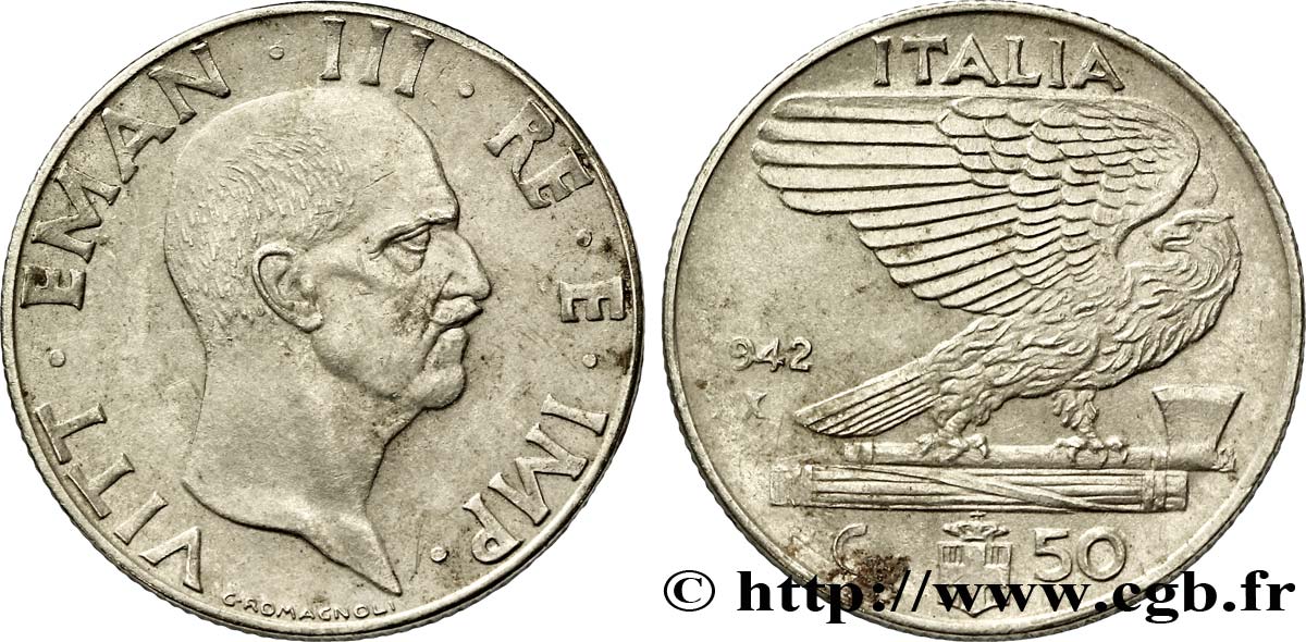 ITALIA 50 Centesimi  Victor Emmanuel III an XX / aigle sur faisceau 1942 Rome - R MBC 