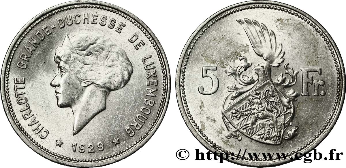 LUXEMBURGO 5 Francs Grande-Duchesse Charlotte 1929  EBC 