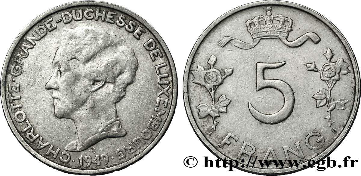 LUXEMBOURG 5 Francs Grande-Duchesse Charlotte 1949  XF 