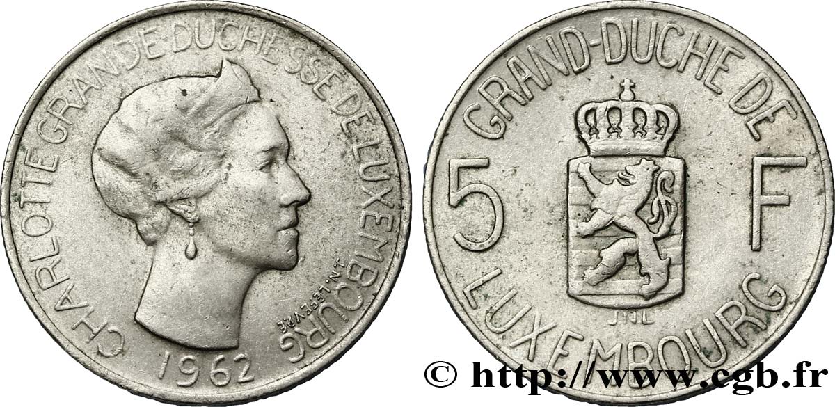 LUXEMBOURG 5 Francs Grande-Duchesse Charlotte 1962  XF 