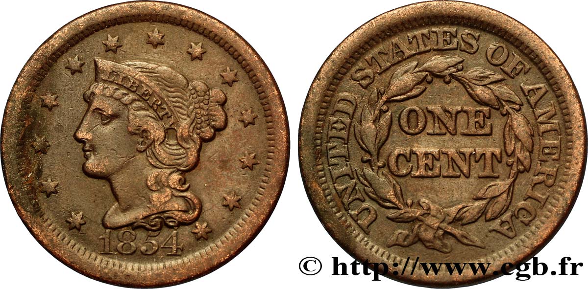 UNITED STATES OF AMERICA 1 Cent Liberté “Braided Hair” 1852 Philadelphie XF 