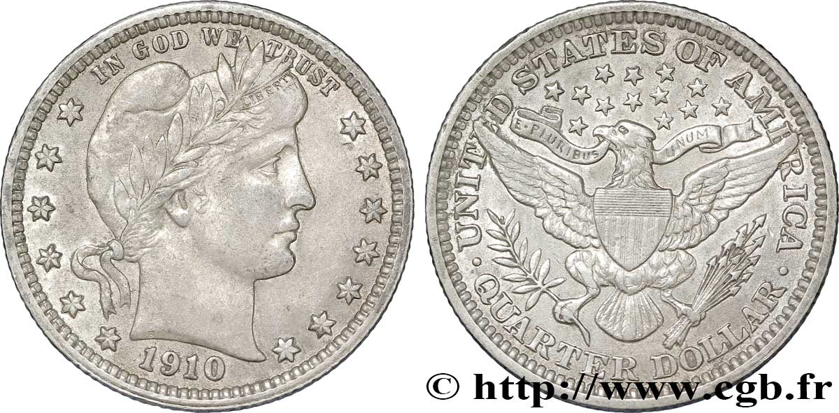 UNITED STATES OF AMERICA 1/4 Dollar Barber 1910 Philadelphie AU 