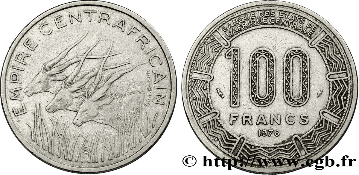 CENTRAL AFRICAN REPUBLIC 100 Francs “Empire Centrafricain” antilopes 1978 Paris XF 