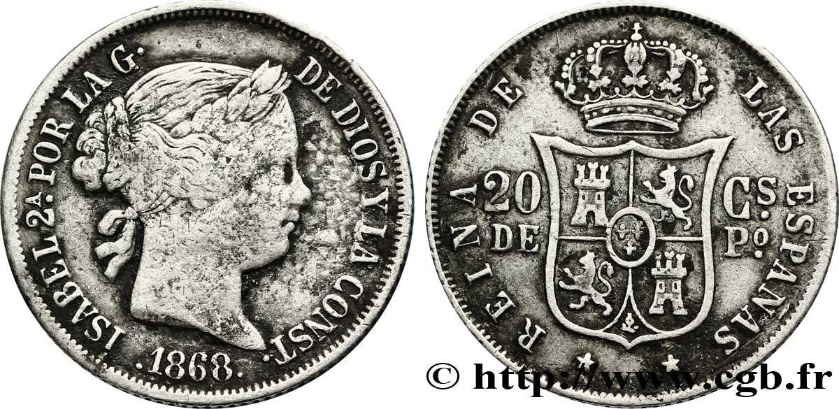 FILIPINAS 20 Centimos de Peso Isabelle II 1868 Manille BC+ 
