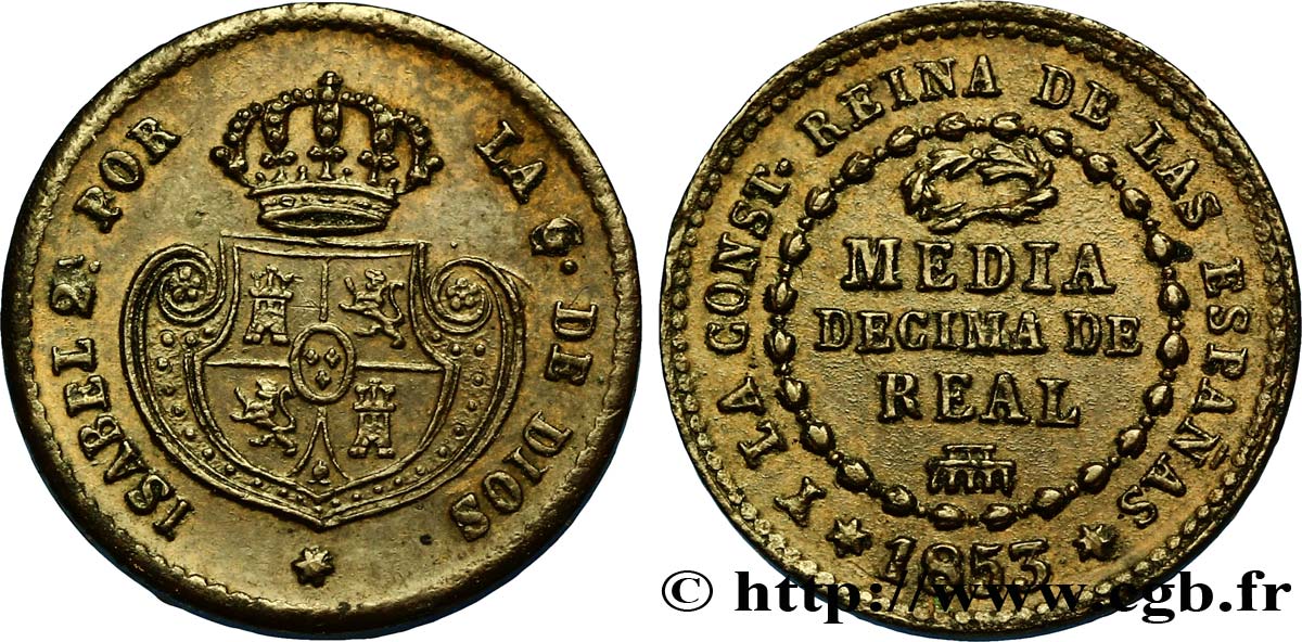 SPANIEN 1/20 Real (Media Decima de Real) Isabelle II  1853 Ségovie SS 