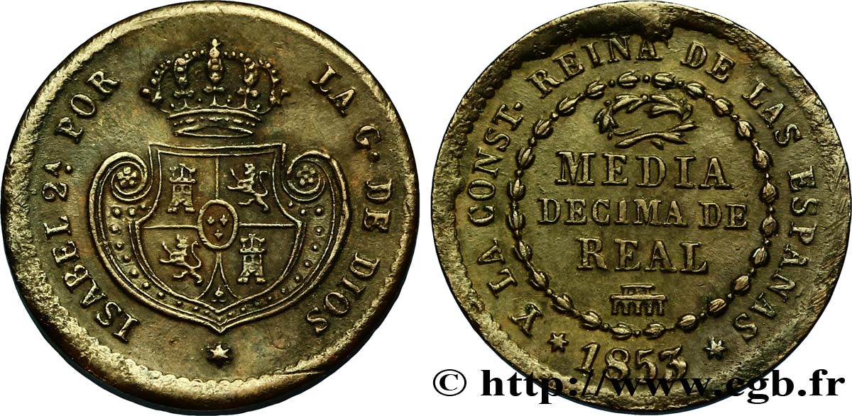 SPAIN 1/20 Real (Media Decima de Real) Isabelle II  1853 Ségovie XF 