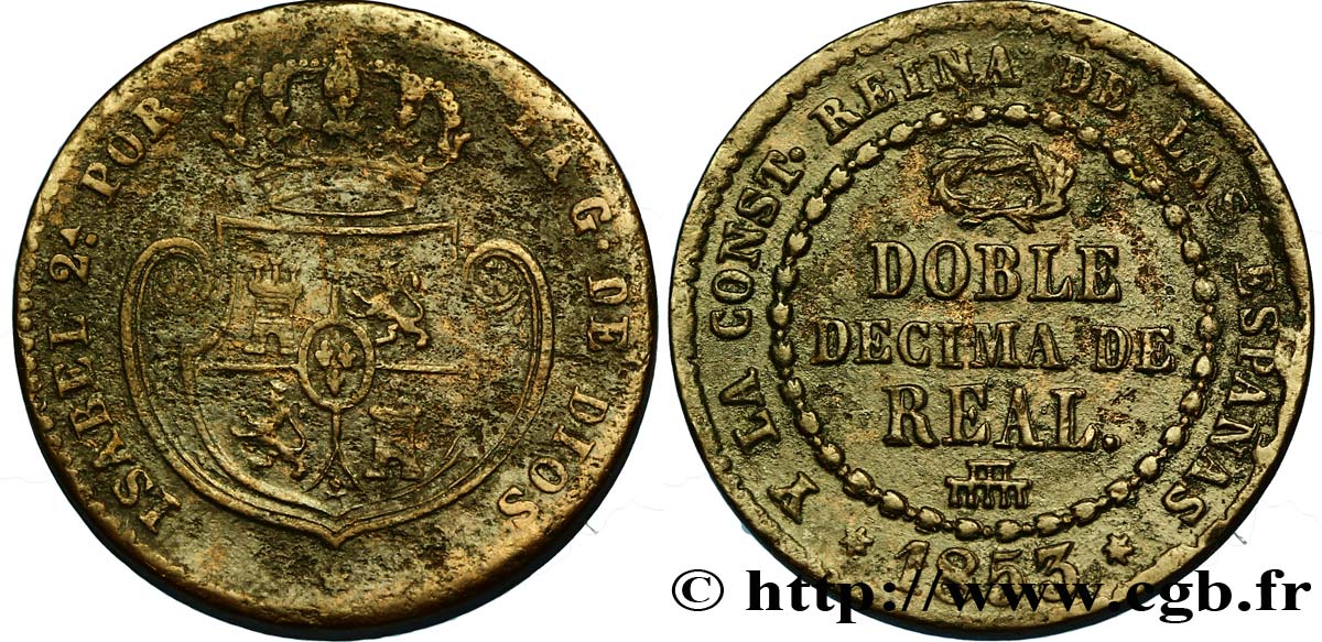 ESPAÑA 1/5 Real (Doble Decima de Real) Isabelle II  1853 Ségovie BC 