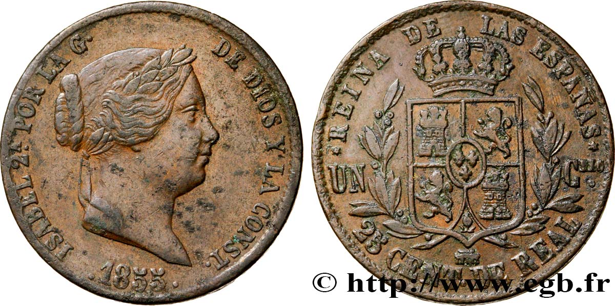 SPANIEN 25 Centimos de Real (Cuartillo) Isabelle II / écu couronné 1855 Ségovie SS 