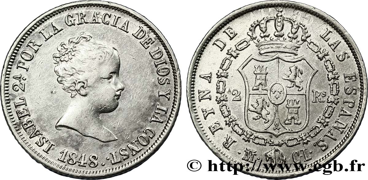 SPANIEN 2 Reales  Isabelle II  1847 Madrid SS 