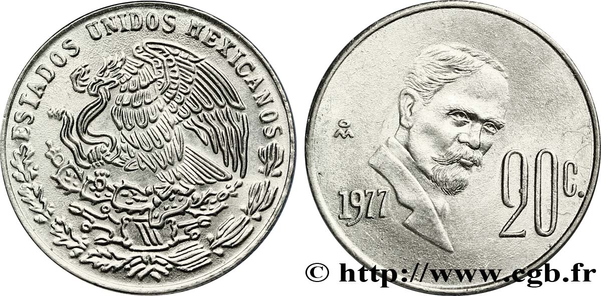 MEXICO 20 Centavos aigle  1977 Mexico AU 