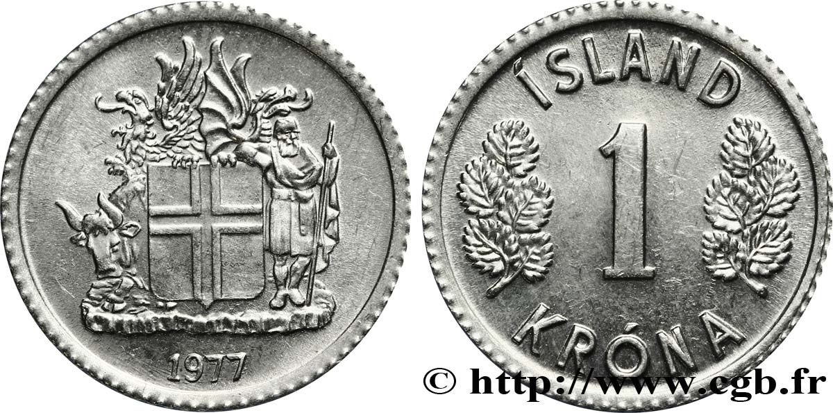 ISLANDA 1 Krona blason 1977  MS 