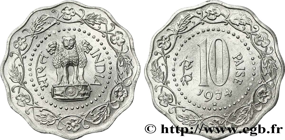 INDIA
 10 Paise symbole aux trois lions 1974  EBC 