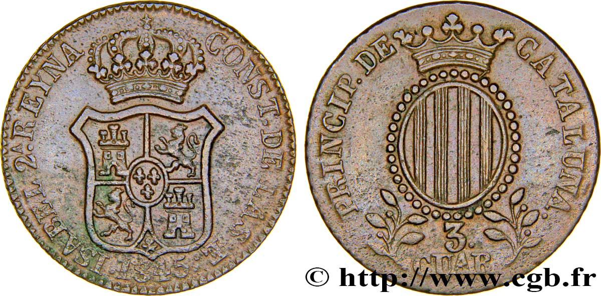 SPANIA - CATALOGNA 3 Quartos frappe au nom d’Isabelle II / écu de Catalogne 1845 Catalogne BB 