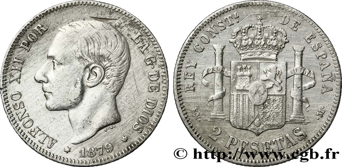 SPAIN 2 Pesetas Alphonse XII / emblème couronné (1879) 1879  VF 