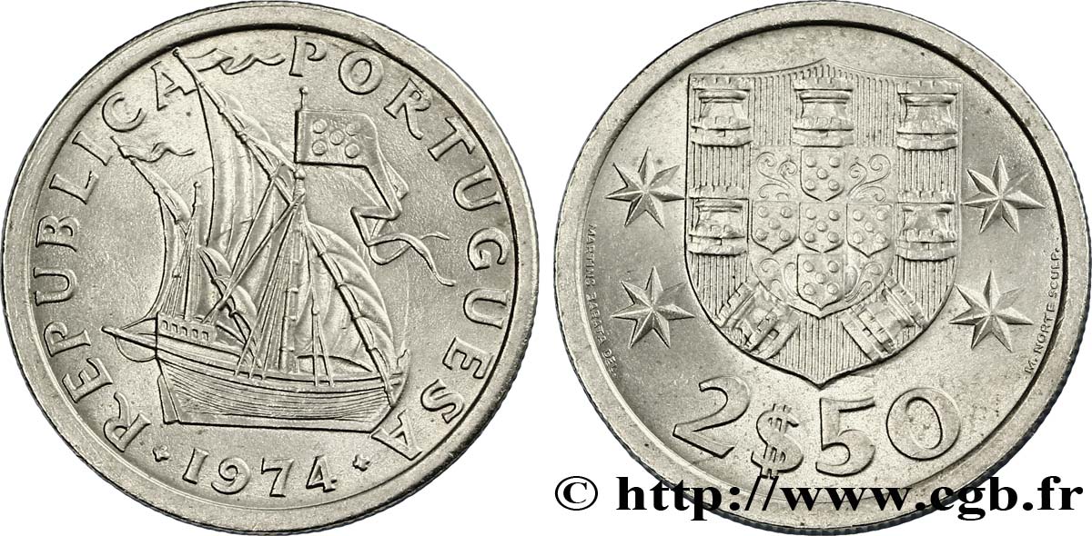 PORTUGAL 2 1/2 Escudos emblème / voilier 1974  VZ 