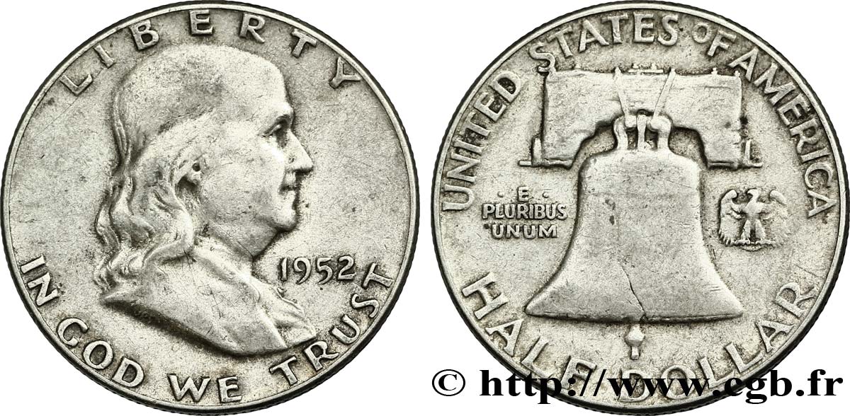 ÉTATS-UNIS D AMÉRIQUE 1/2 Dollar Benjamin Franklin 1952 Philadelphie TB+ 