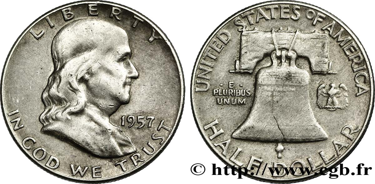ÉTATS-UNIS D AMÉRIQUE 1/2 Dollar Benjamin Franklin 1957 Philadelphie TTB 