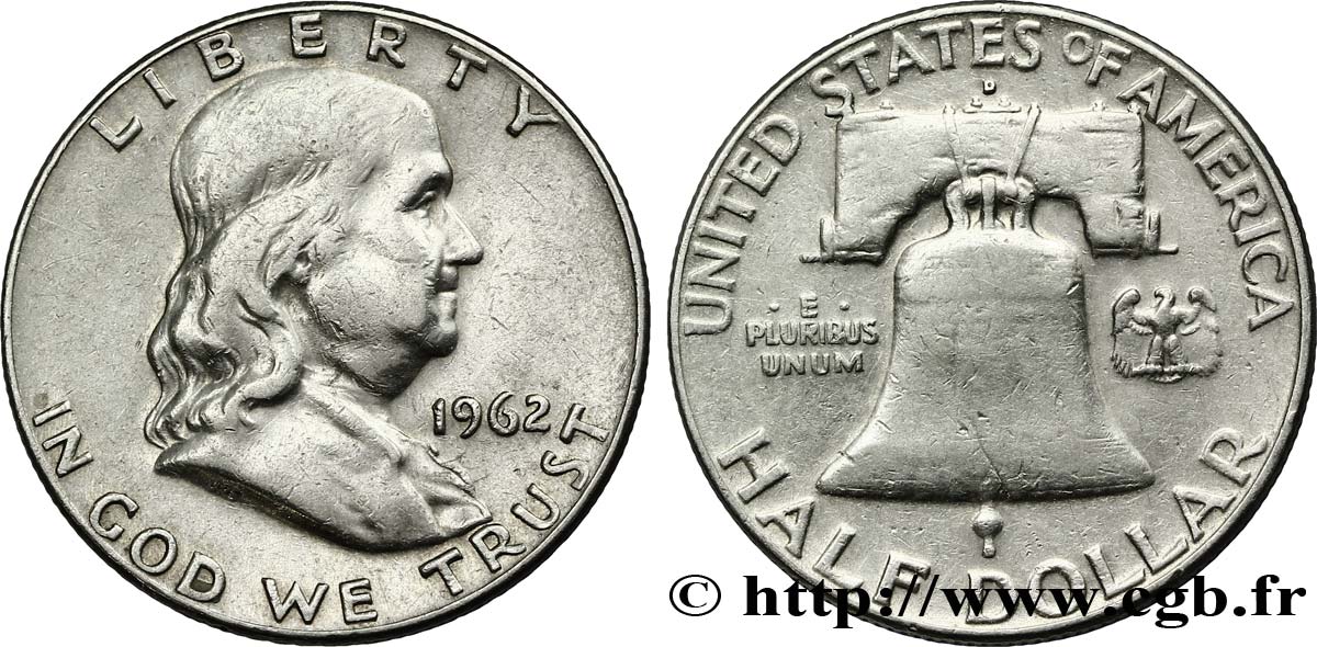 UNITED STATES OF AMERICA 1/2 Dollar Benjamin Franklin 1962 Denver VF 