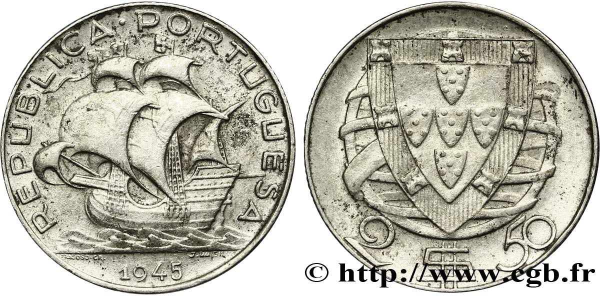 PORTUGAL 2 1/2 Escudos emblème / voilier 1945  EBC 