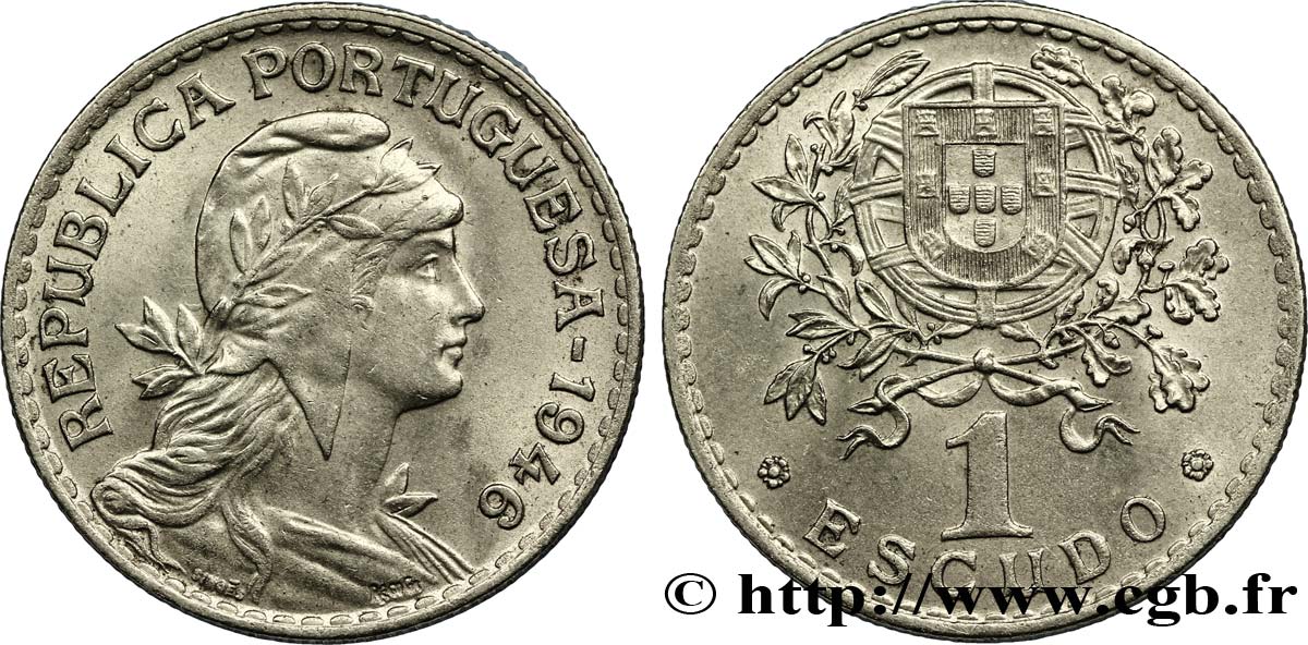 PORTUGAL 1 Escudo femme au bonnet phrygien / emblème 1946  AU 