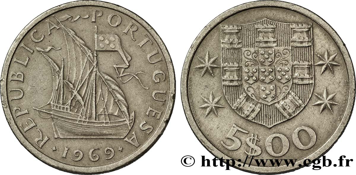PORTUGAL 5 Escudos emblème 1969  fVZ 
