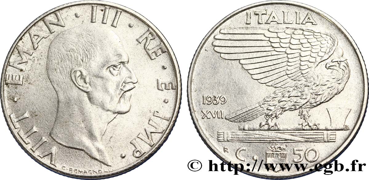 ITALIEN 50 Centesimi  Victor Emmanuel III an XVII / aigle sur faisceau 1939 Rome - R VZ 