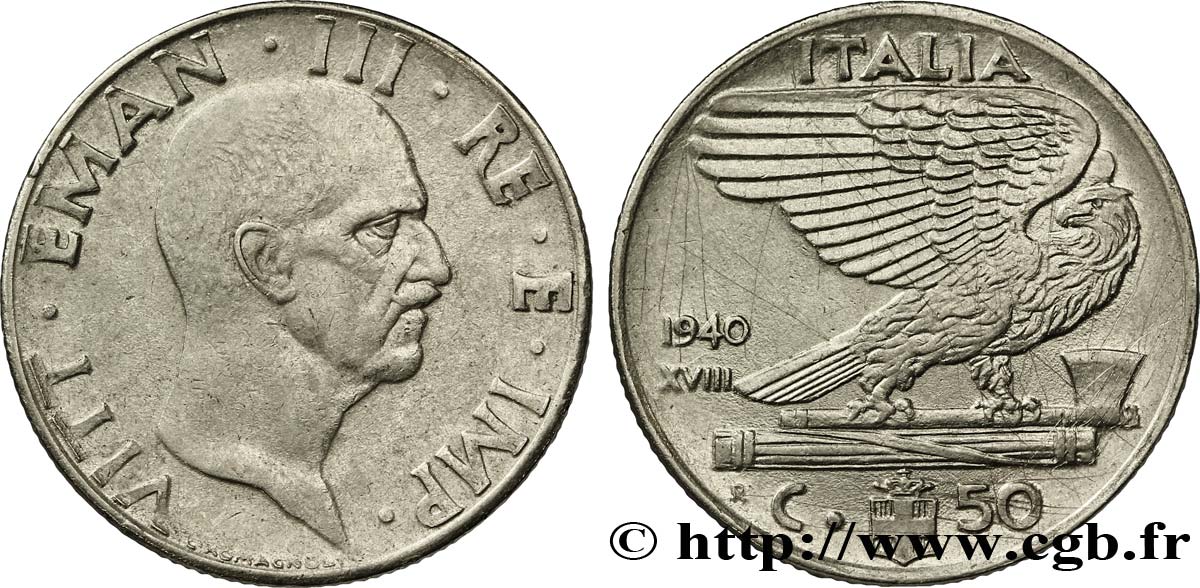 ITALIA 50 Centesimi  Victor Emmanuel III an XVIII / aigle sur faisceau 1940 Rome - R MBC+ 