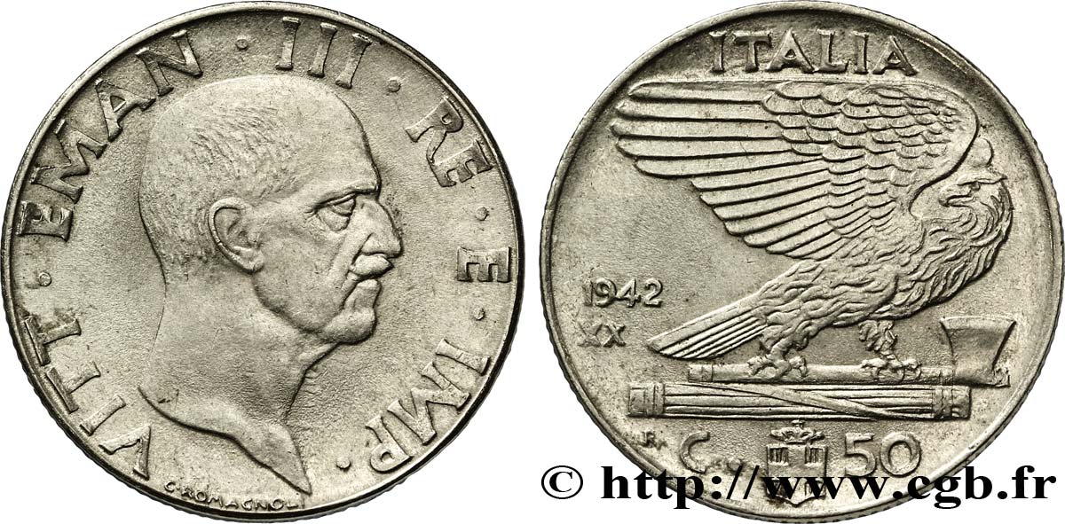 ITALIA 50 Centesimi  Victor Emmanuel III an XX / aigle sur faisceau 1942 Rome - R EBC 