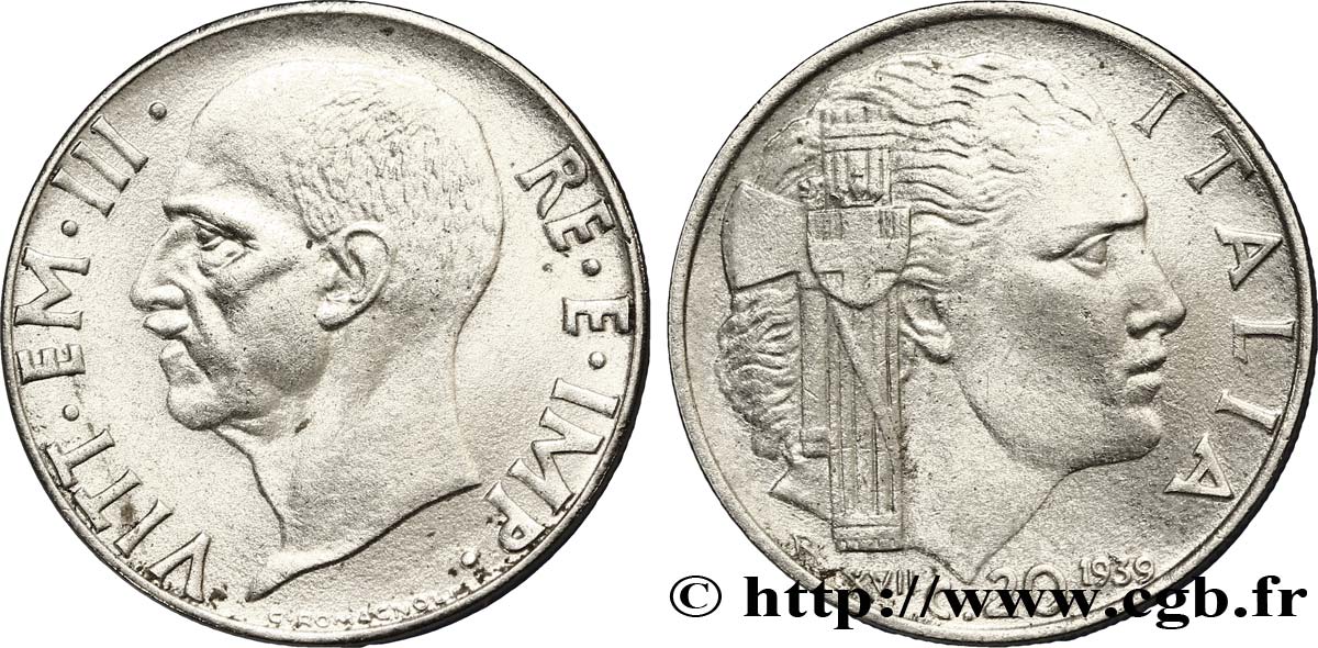 ITALIA 20 Centesimi roi Victor-Emmanuel III / allégorie de l’Italie et faisceau an XVII 1939 Rome - R EBC 